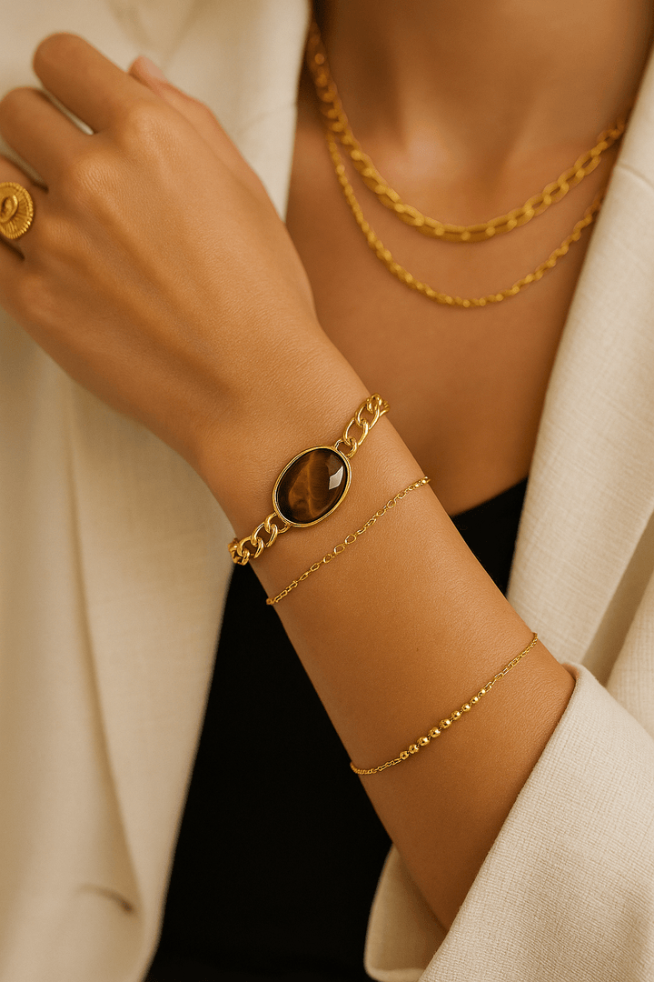 Bracelet Unisexe Joseph — Pierre fine & chaîne Figaro dorée - Priscille & Aquila