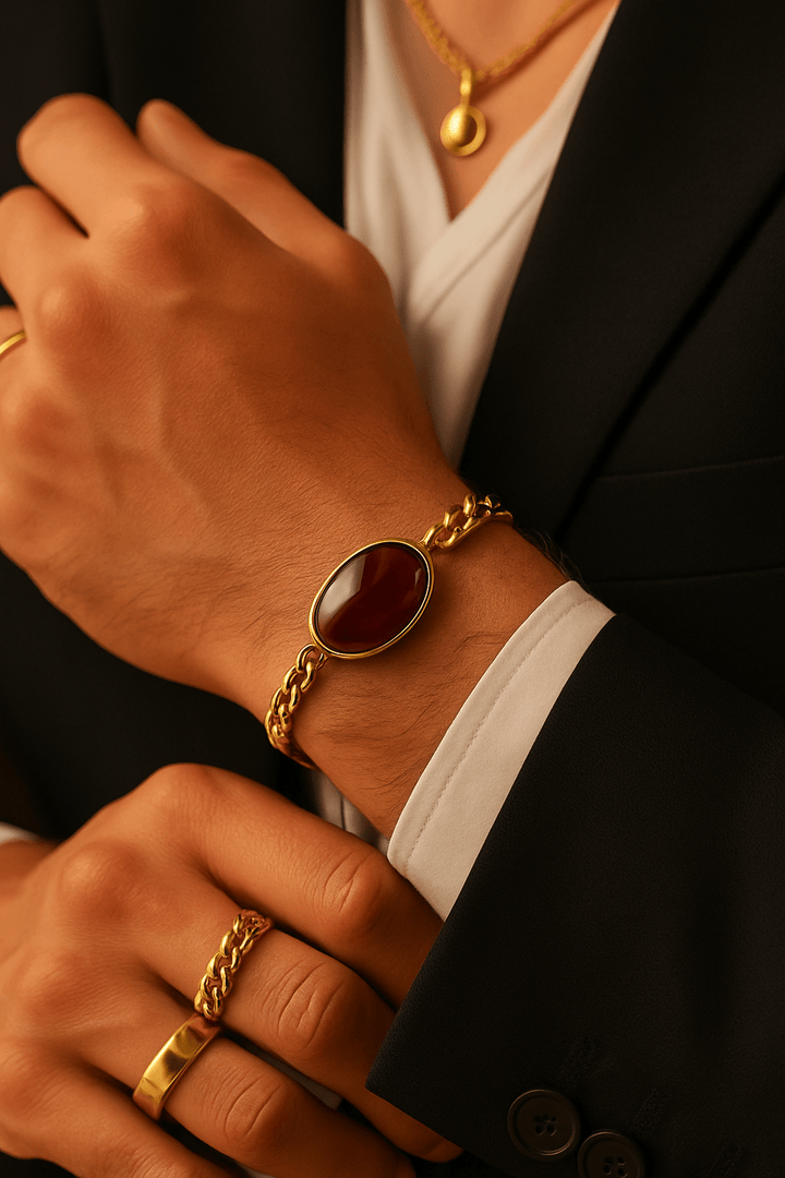 Bracelet Unisexe Joseph — Pierre fine & chaîne Figaro dorée - Priscille & Aquila