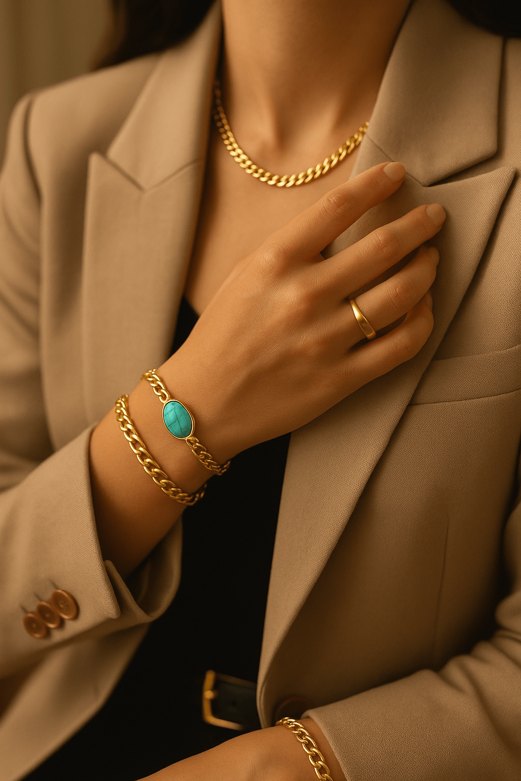 Bracelet Unisexe Joseph — Pierre fine & chaîne Figaro dorée - Priscille & Aquila
