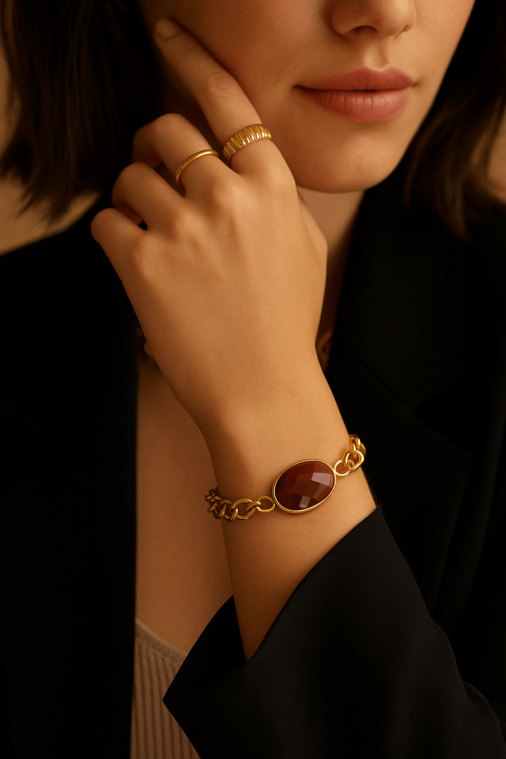 Bracelet Unisexe Joseph — Pierre fine & chaîne Figaro dorée - Priscille & Aquila