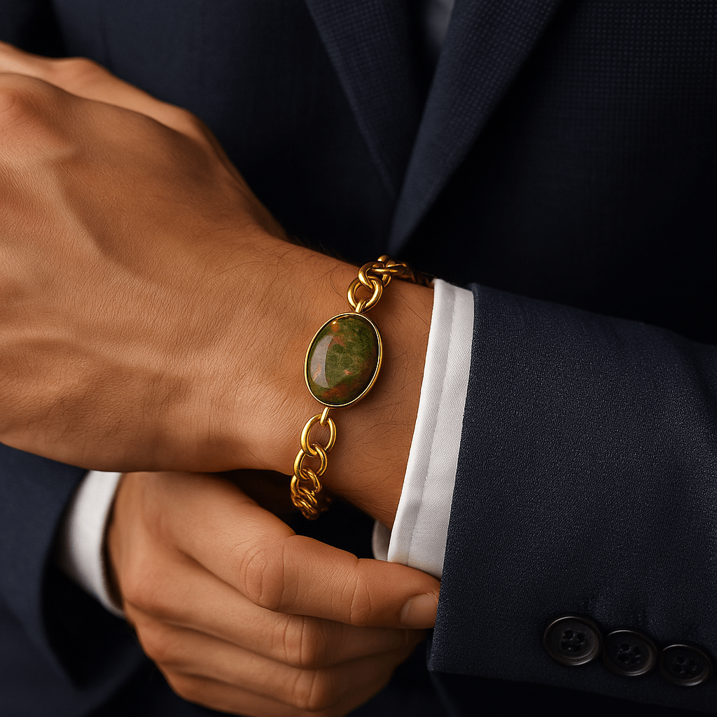 Bracelet Unisexe Joseph — Pierre fine & chaîne Figaro dorée - Priscille & Aquila