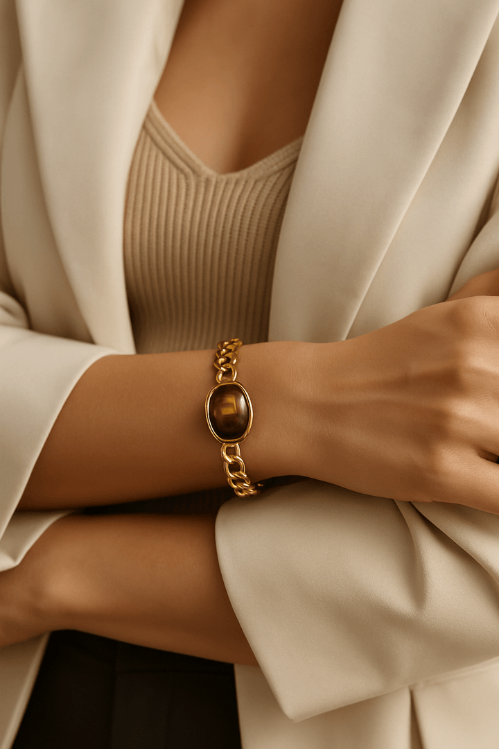 Bracelet Unisexe Joseph — Pierre fine & chaîne Figaro dorée - Priscille & Aquila