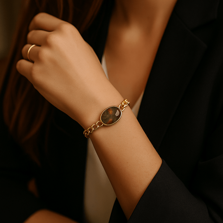 Bracelet Unisexe Joseph — Pierre fine & chaîne Figaro dorée - Priscille & Aquila