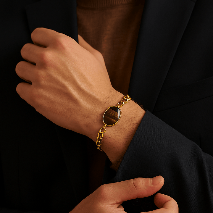 Bracelet Unisexe Joseph — Pierre fine & chaîne Figaro dorée - Priscille & Aquila